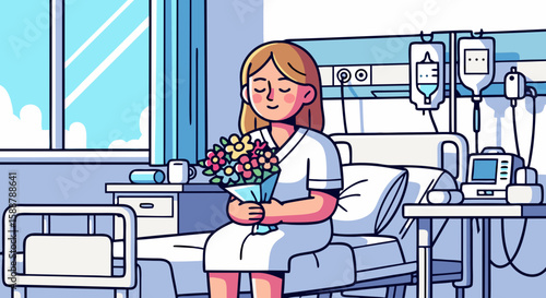 Woman with flowers sitting on hospital bed in a medical room shows support and care. Flowers in hospital room bring joy and optimism to patient recovering in the healthcare environment.