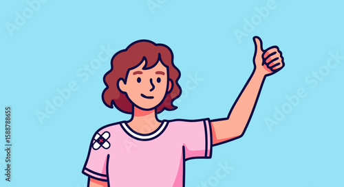 Cartoon person shows approval with a thumbs up illustration, suggesting endorsement and positive feedback. Cartoon person in a pink shirt shows happy emotion, hand gesture confirms thumbs up.