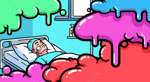 Illustration of sick patient in hospital bed surrounded by colorful clouds. Sick patient illustration shows healthcare worker in hospital room with medical equipment for recovery.