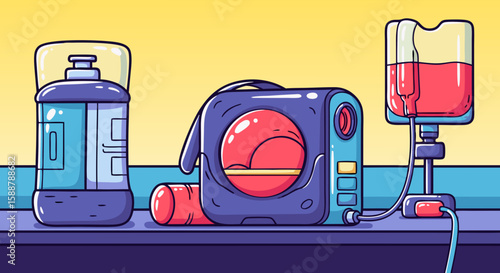 Humorous medical concept of food delivery, showing takeout machine next to a water bottle and blood transfusion, funny medical concept.