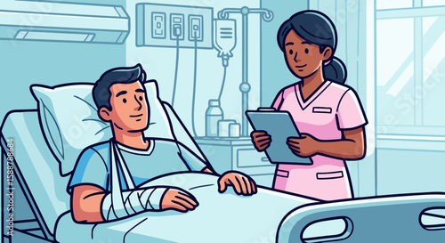 Healthcare professional providing patient care in hospital ward. Patient care includes treating a patient in a hospital bed, with nurse looking over medical records.
