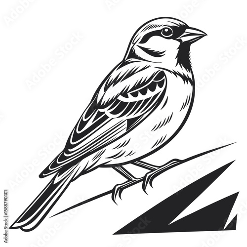 Stylized sparrow perched on a branch with leaves