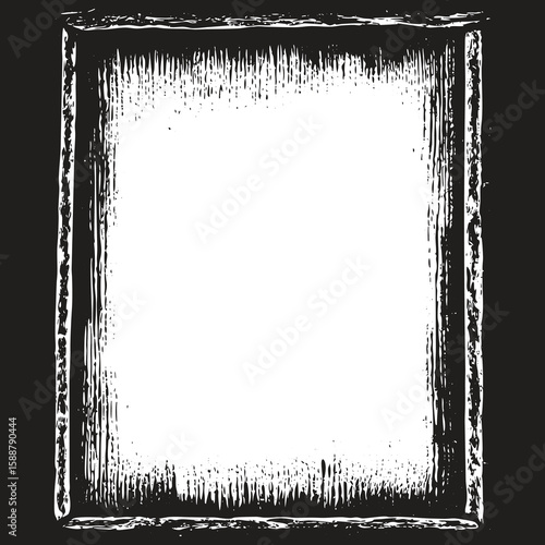 Textured grunge frame with a distressed, scratchy appearance surrounds a bright white empty space, ideal for creative projects