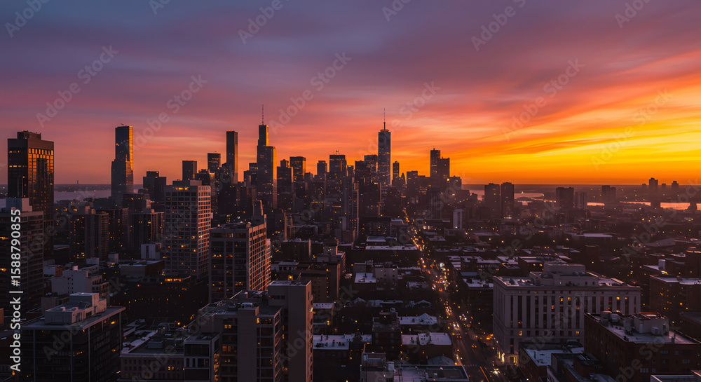 Obraz premium Dawn Over the City Mesmerizing New York Skyline at Sunrise with Vibrant Colors 