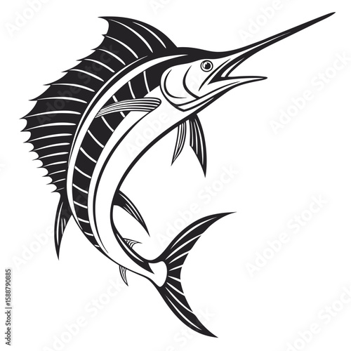 Black and white marlin illustration jumping out of water