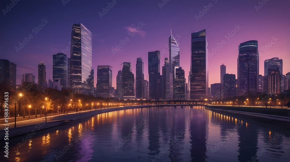 Fototapeta premium Vibrant city skyline at dusk with illuminated skyscrapers reflecting in river water, urban architecture with purple and blue twilight sky