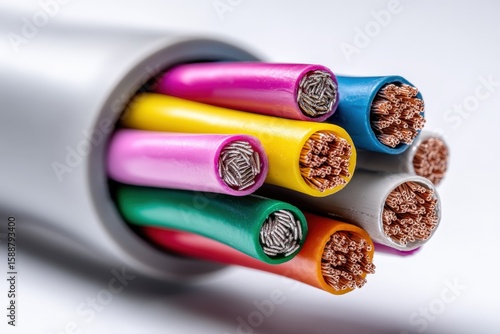 Colorful electrical wires arranged in a neat bundle showing copper strands inside