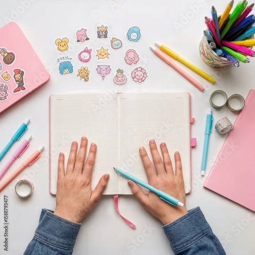 Teen Girl Journaling With Stickers and Creative Desk Setup
