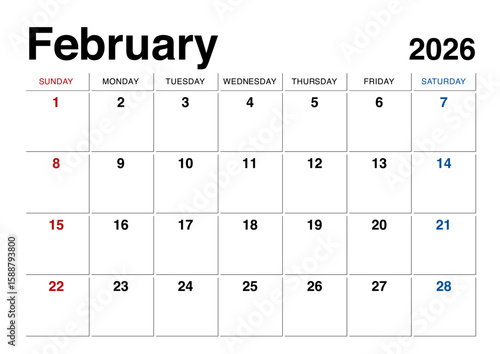2026年2月のカレンダー日曜始まり 日本の祝日表記無し