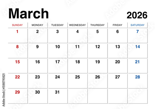 2026年3月のカレンダー日曜始まり 日本の祝日表記無し