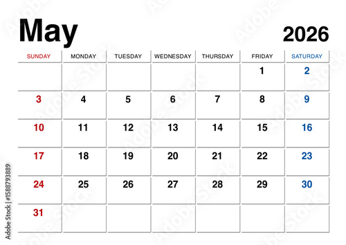 2026年5月のカレンダー日曜始まり 日本の祝日表記無し