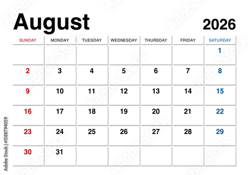 2026年8月のカレンダー日曜始まり 日本の祝日表記無し