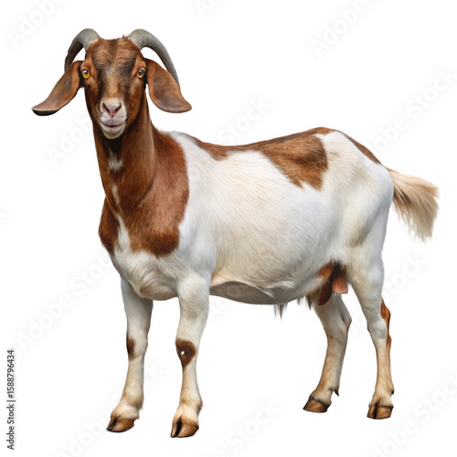 Photo of a brown and white goat standing on a transparent background