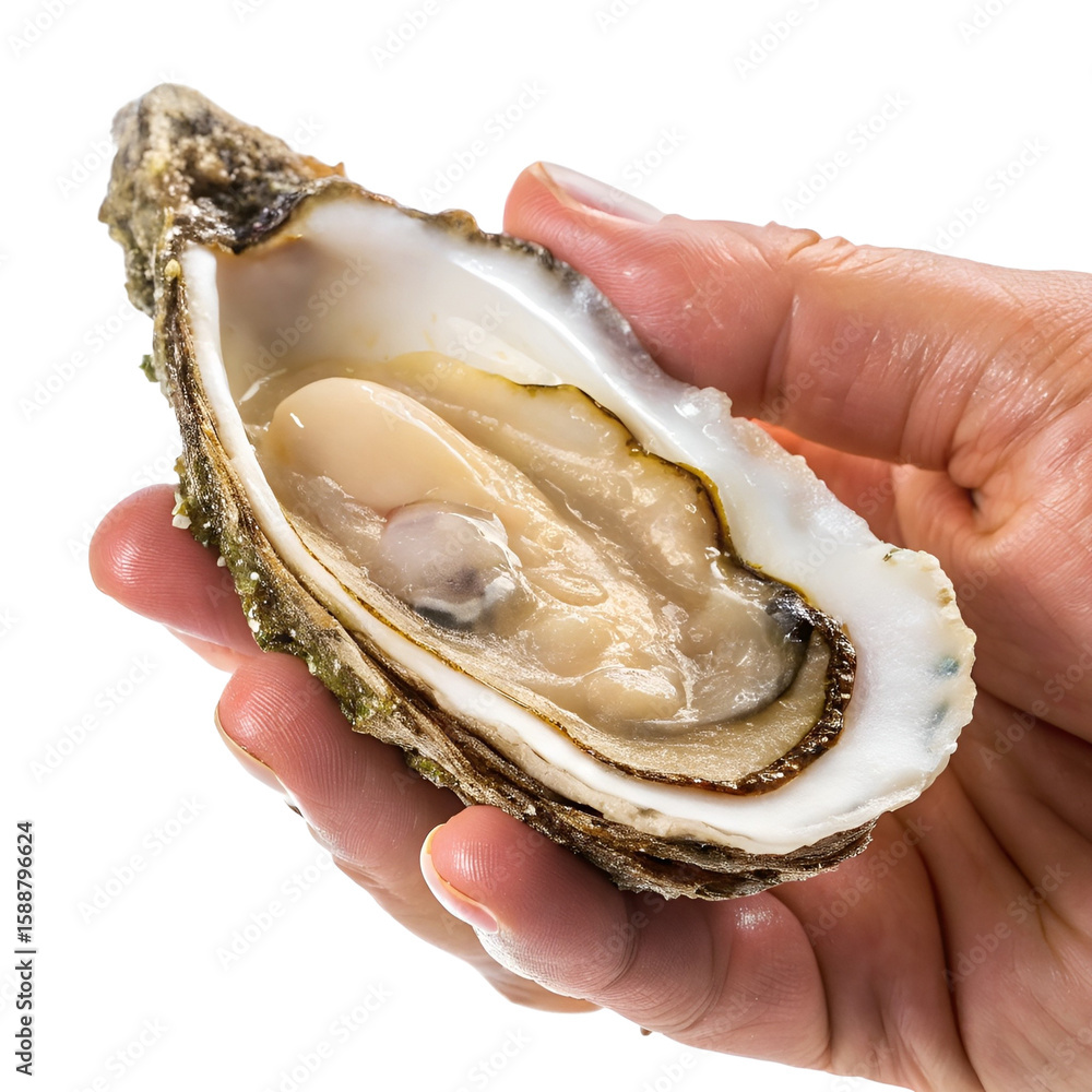 Naklejka premium Hand Holding Raw Oyster with Shell Isolated on White Background