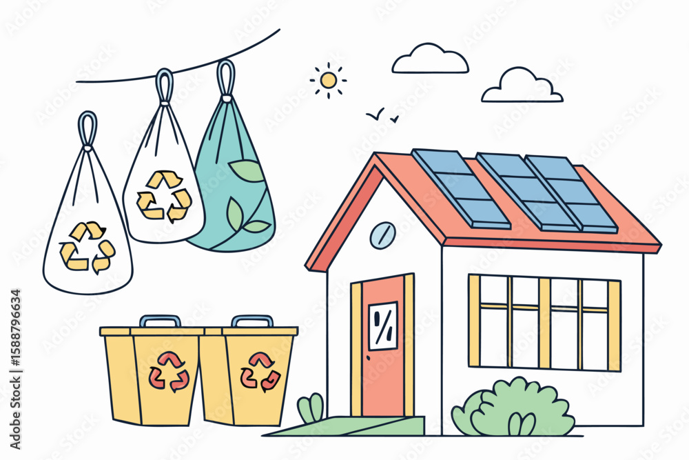 Obraz premium Illustration of a house with solar panels, recycling bins, and hanging recycling bags outdoors