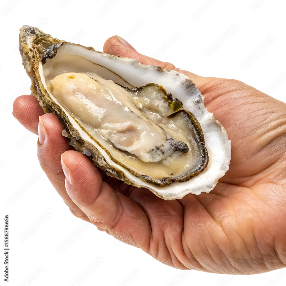 Naklejka premium Hand Holding Raw Oyster with Shell Isolated on White Background