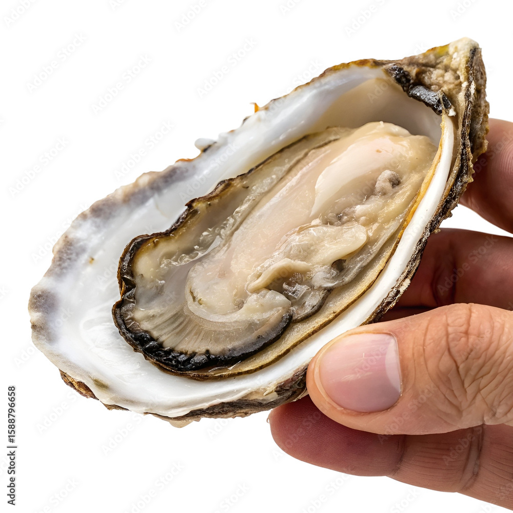 Naklejka premium Hand Holding Raw Oyster with Shell Isolated on White Background