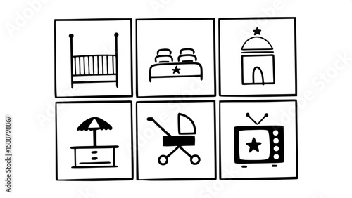 A clean grid of hospitality service icons tailored for family-friendly hotels. Icons feature a baby crib, kids’ playground, children’s menu, babysitter, adjoining rooms, family package, stroller renta