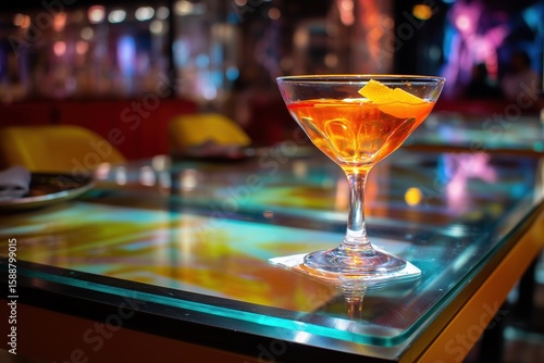 A new cocktail glass on a glass table in a nightclub restaurant.