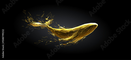 Abstract Geometric Golden Whale. Luxury Animal. White Whale in Low Poly Wireframe. Polygonal Aquatic Wildlife Concept Consists of Triangles, Particles, Connected Dots. Digital Tech Vector Illustration