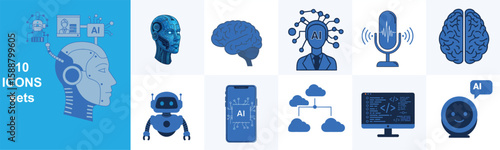 Artificial intelligence icons showcase robotics, brain, cloud computing, and coding for innovative technology concepts isolated on transparent background