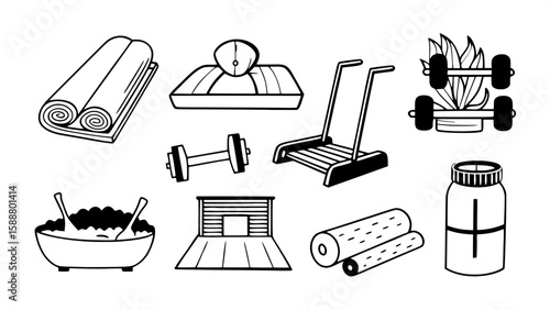 A modern set of thin line icons showcasing wellness and fitness amenities in hotels. Icons include yoga mat, treadmill, dumbbells, steam room, sauna, water bottle, personal trainer, and fitness class 