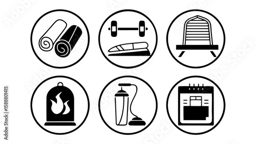 A modern set of thin line icons showcasing wellness and fitness amenities in hotels. Icons include yoga mat, treadmill, dumbbells, steam room, sauna, water bottle, personal trainer, and fitness class 