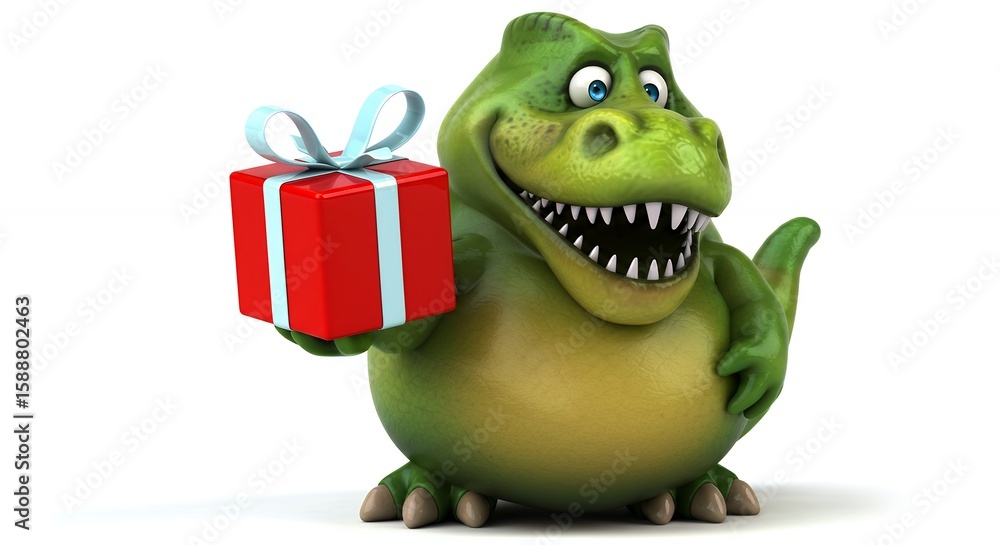Naklejka premium Cartoon dinosaur holding gift box
