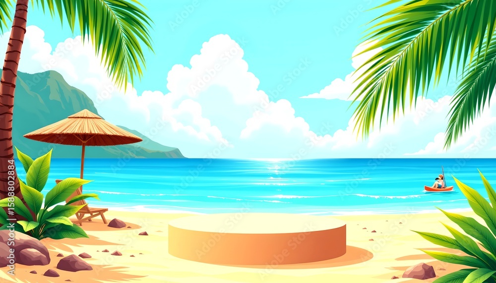 Fototapeta premium tropical beach scene with palm trees, showcasing a product stage on a sandy beach