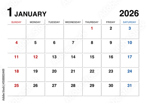 2026年1月のカレンダー日曜始まり