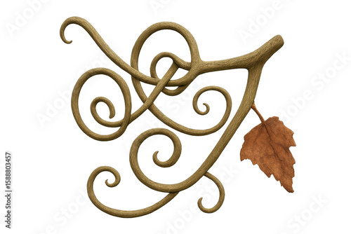 Curly stylized branch with dry leaf on transparent background