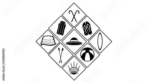 A suite of monochrome line icons for seaside resort services. Includes beach towel, lifeguard, sun hat, flip flops, surfboard, cabana, sunscreen, beach volleyball, and snorkeling gear. The layout is c