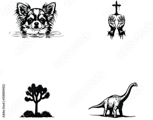 Vector art of a chihuahua in water, praying hands with a, a joshua tree, and a dinosaur