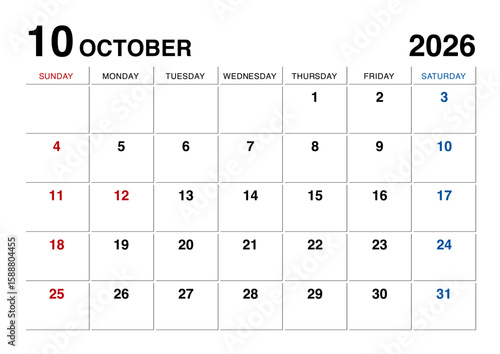 2026年10月のカレンダー日曜始まり