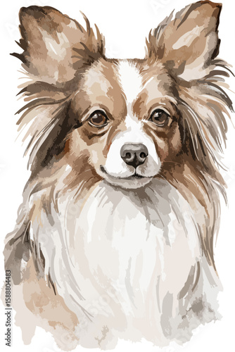 Vector portrait of head brown papillon dog puppy character isolated on white background. Hand drawn illustration sketch