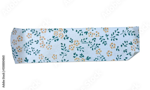 Cute paper tape strip with flower and leaf drawing on transparent background. Ripped washi tape png. Scrapbook decoration.