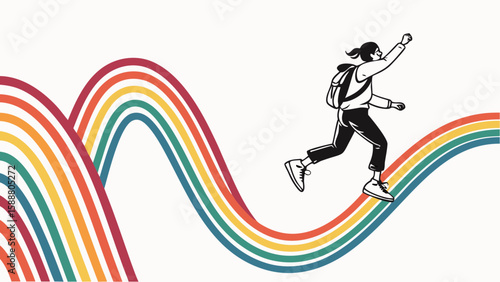 Boy running on the rainbow 