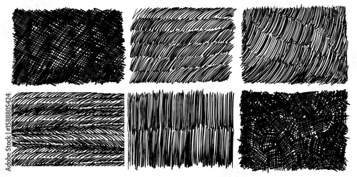 Set of texture rough crayon strokes. Black hand drawn crosshatch. Crosshatch pattern. Pencil or crayon texture rectangle. Doodle grunge pencil dashes, messy short pen lines. Vector graphic charcoal.