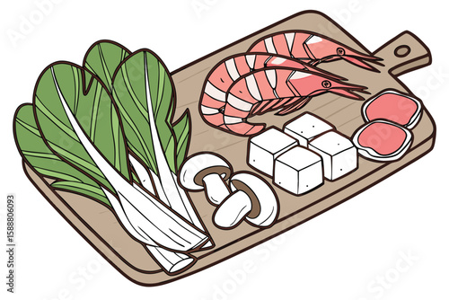 Illustration of a wooden cutting board with bok choy shrimp mushrooms tofu and meat slices arranged on it