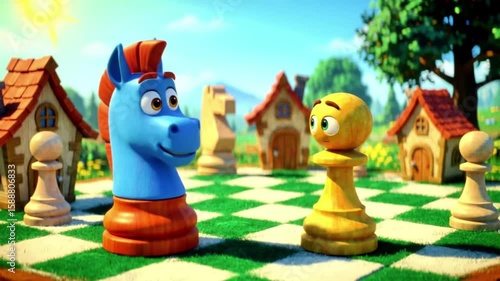 Fun animated scene where cartoon chess pieces interact in a whimsical world, ideal for World Chess Day.