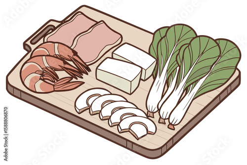 Isometric view of a wooden cutting board with meat shrimp tofu mushrooms and bok choy arranged on it
