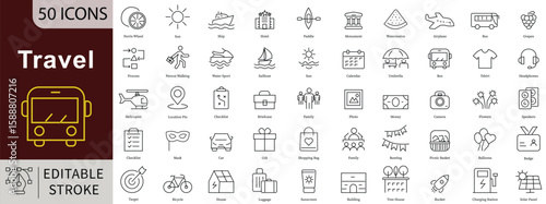 Travel Line Icons Set with Editable Stroke for Tourism, Vacation, Trip, and Journey Planning