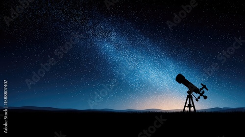 Telescope silhouette, night sky, stars, milky way