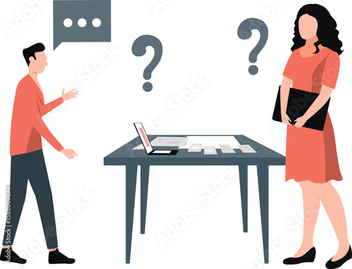 Two employees are talking about marketing solutions.