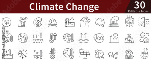 Climate Change Line Icons Set with Editable Stroke for Global Warming, Environment, Weather, and Sustainability