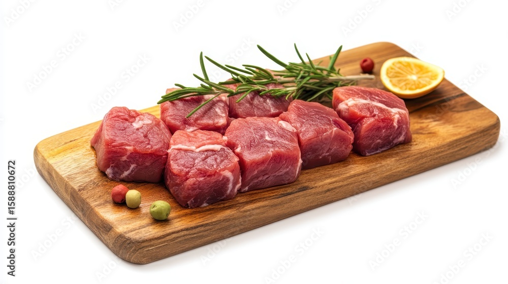 Fresh Raw Pork Tenderloin Cubes on Wooden Cutting Board. Fresh Raw Pork Tenderloin Cubes on Wooden Cutting Board.