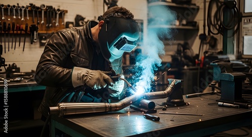 Welder in a workshop joining pipes, sparks and smoke flying from the welding gun, Welder wearing safety gear welding pipes on a metal workbench in his workshop