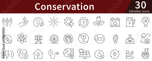 Conservation Line Icons Set with Editable Stroke for Environment, Wildlife, Nature Protection, and Sustainability
