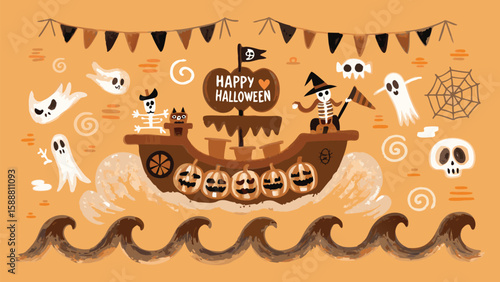Halloween themed illustration featuring a pirate ship with pumpkins and ghosts on an orange background
