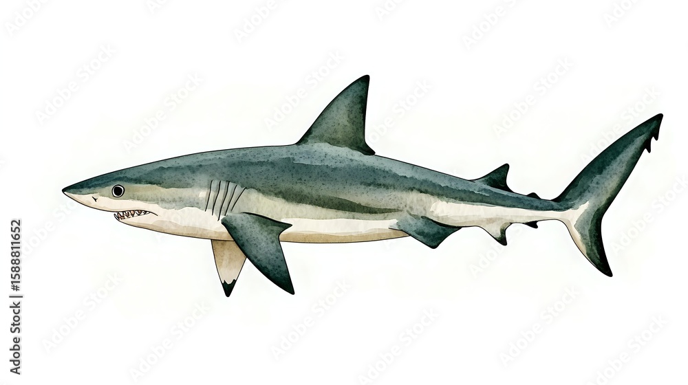 Naklejka premium Great white shark watercolor illustration on white background, showing detailed anatomy and natural coloring. Marine predator in side view, isolated for nature publications.